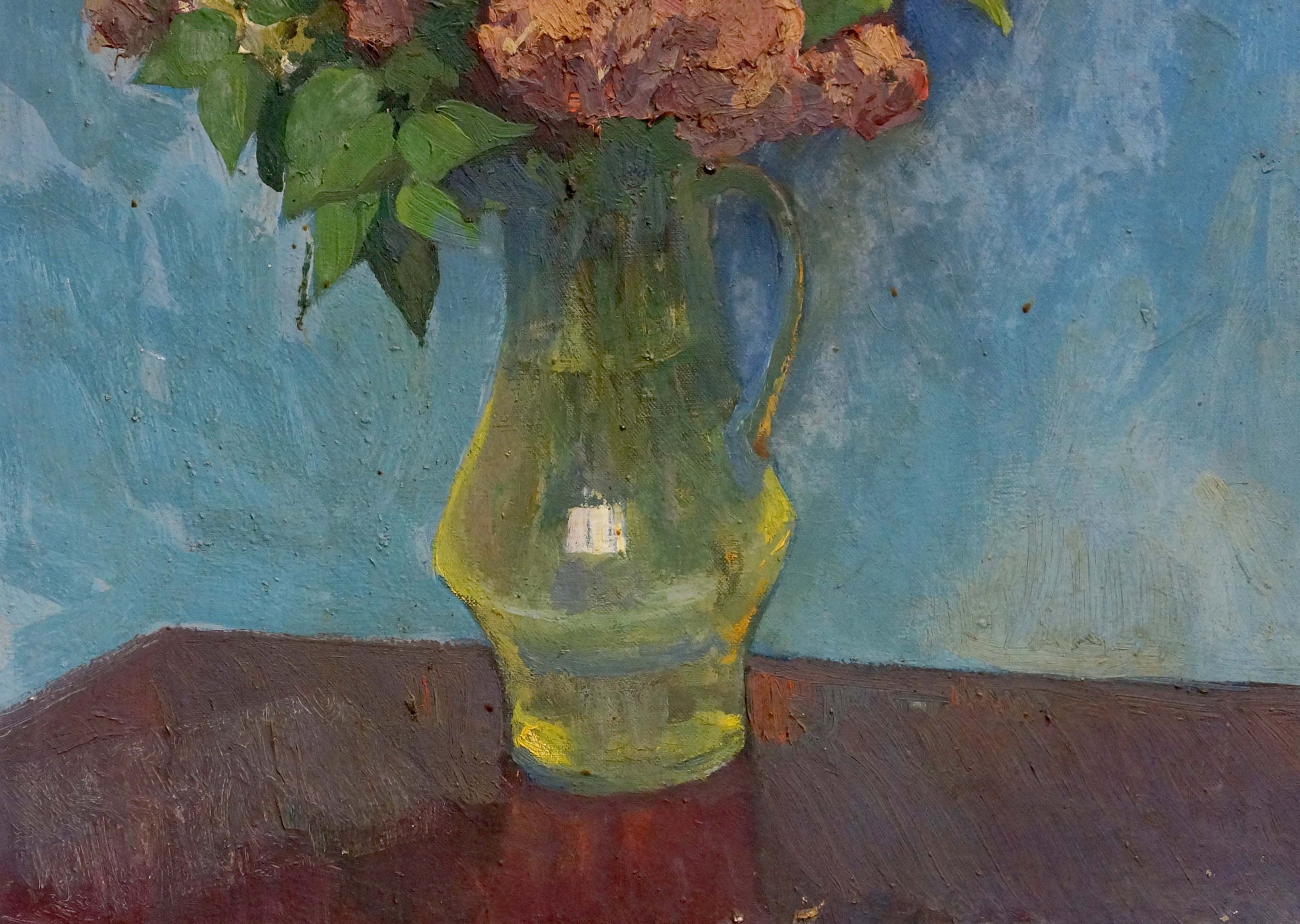 Oil painting of pink orange hydrangeas in green glass pitcher on blue background