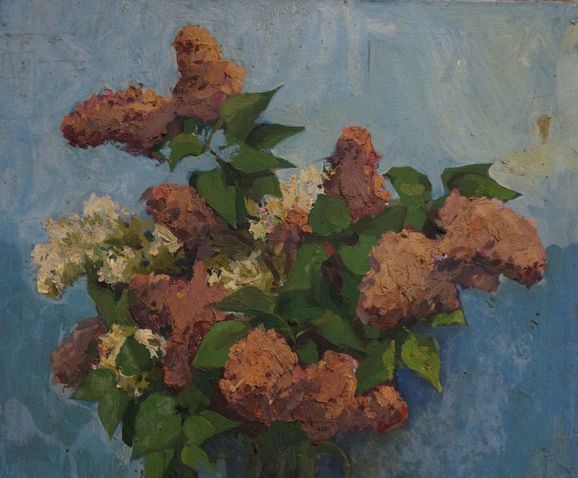 Vibrant oil painting of pink white lilac bouquet on blue background