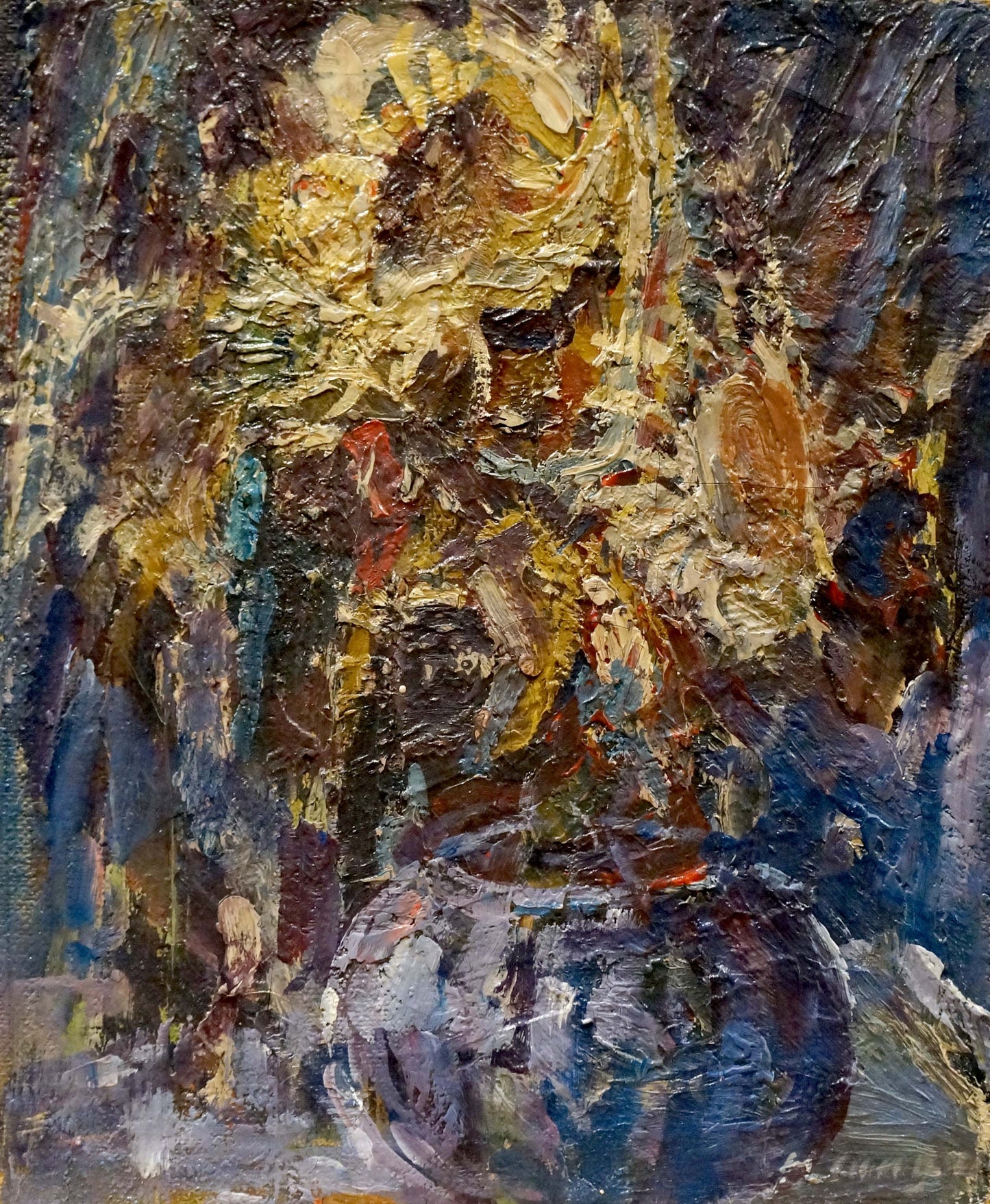Oil painting Sunflowers Hans Long abstract impasto in gold ochre blue brown