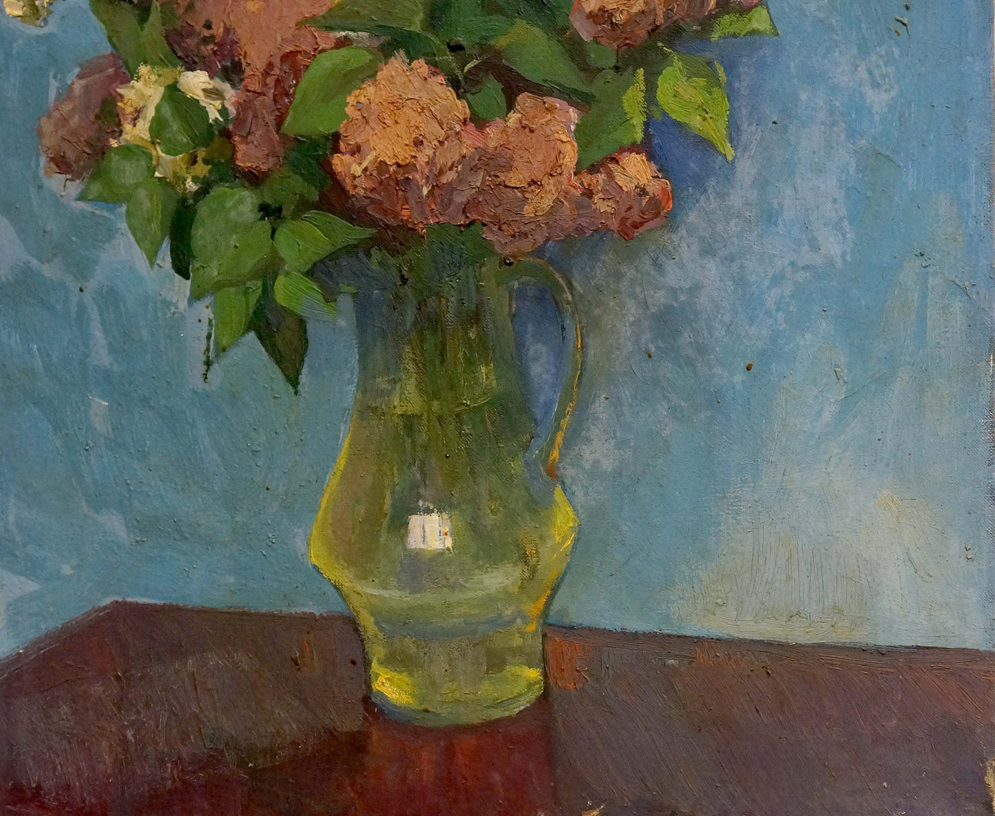 Oil painting of pink white hydrangeas bouquet in green glass pitcher on blue background