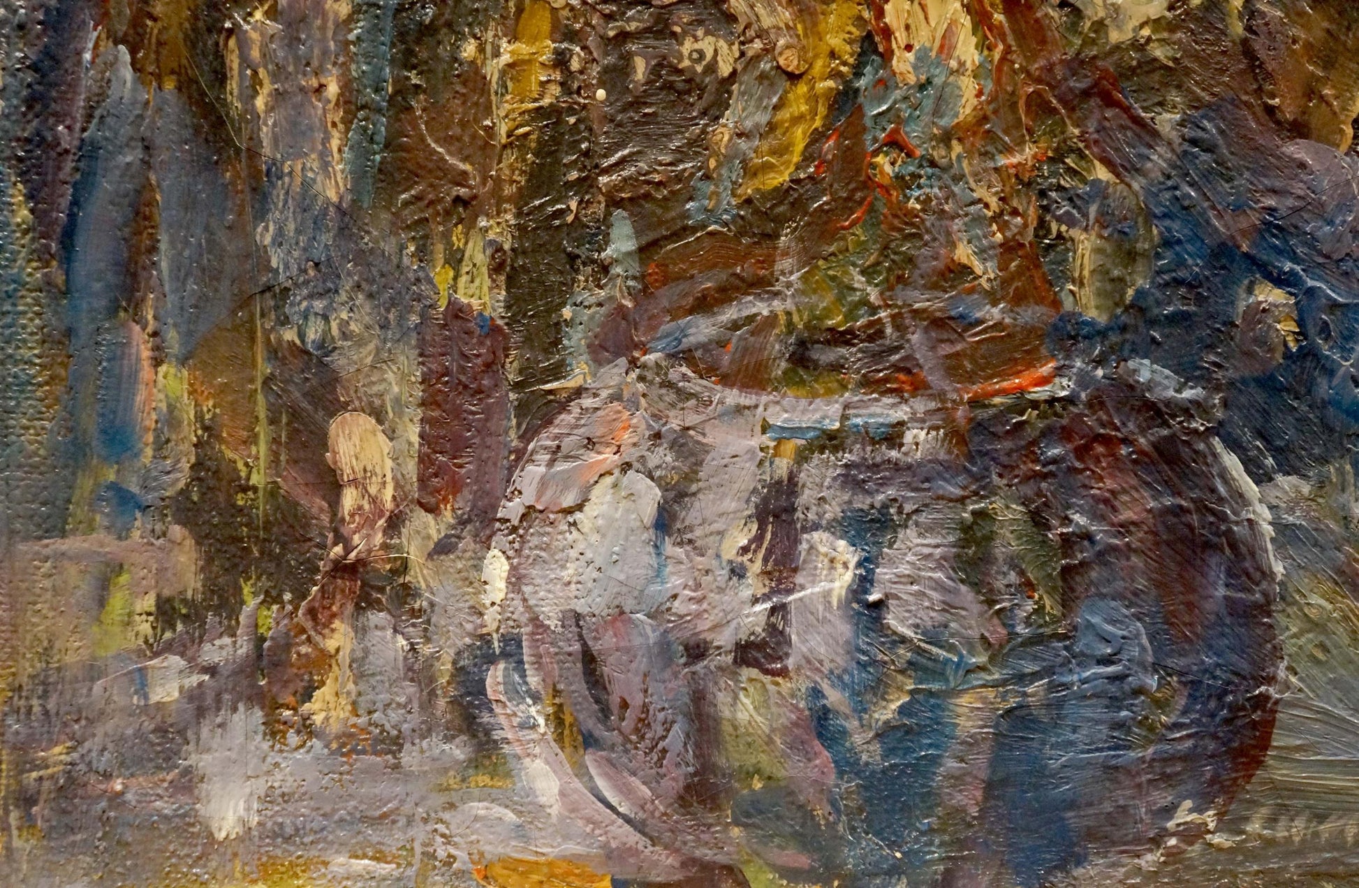 Textured oil painting of sunflowers by Hans Long in earthy tones