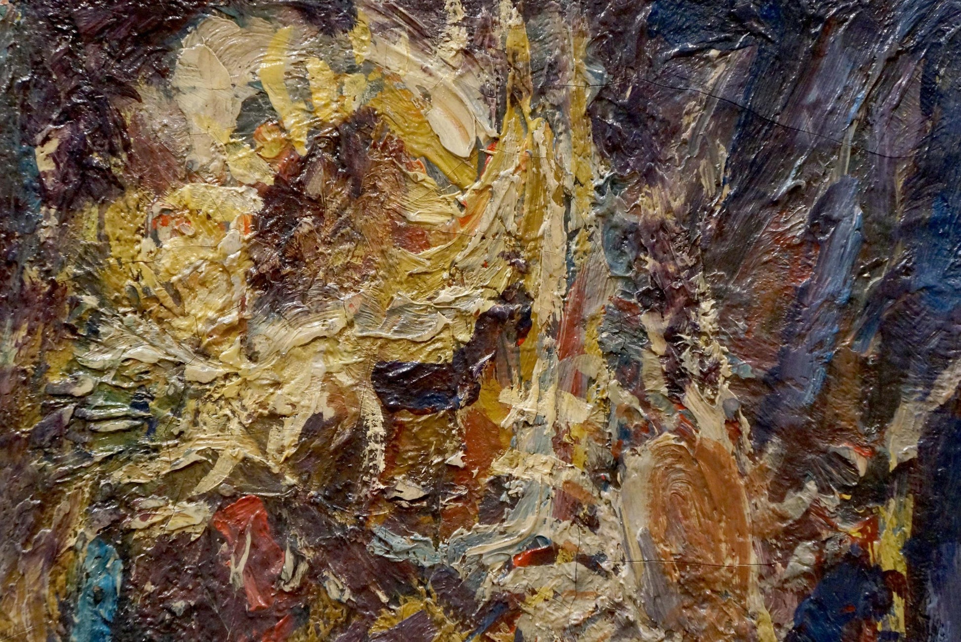 Textured impasto oil painting of sunflowers by Hans Long in yellow, brown, blue