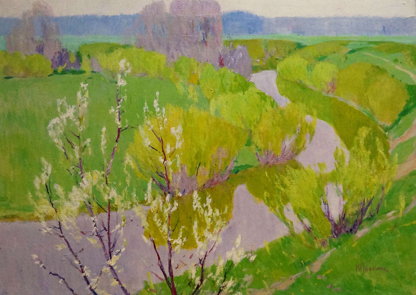 Vibrant impressionist oil painting River flows Tolpekin Yu with river and hills