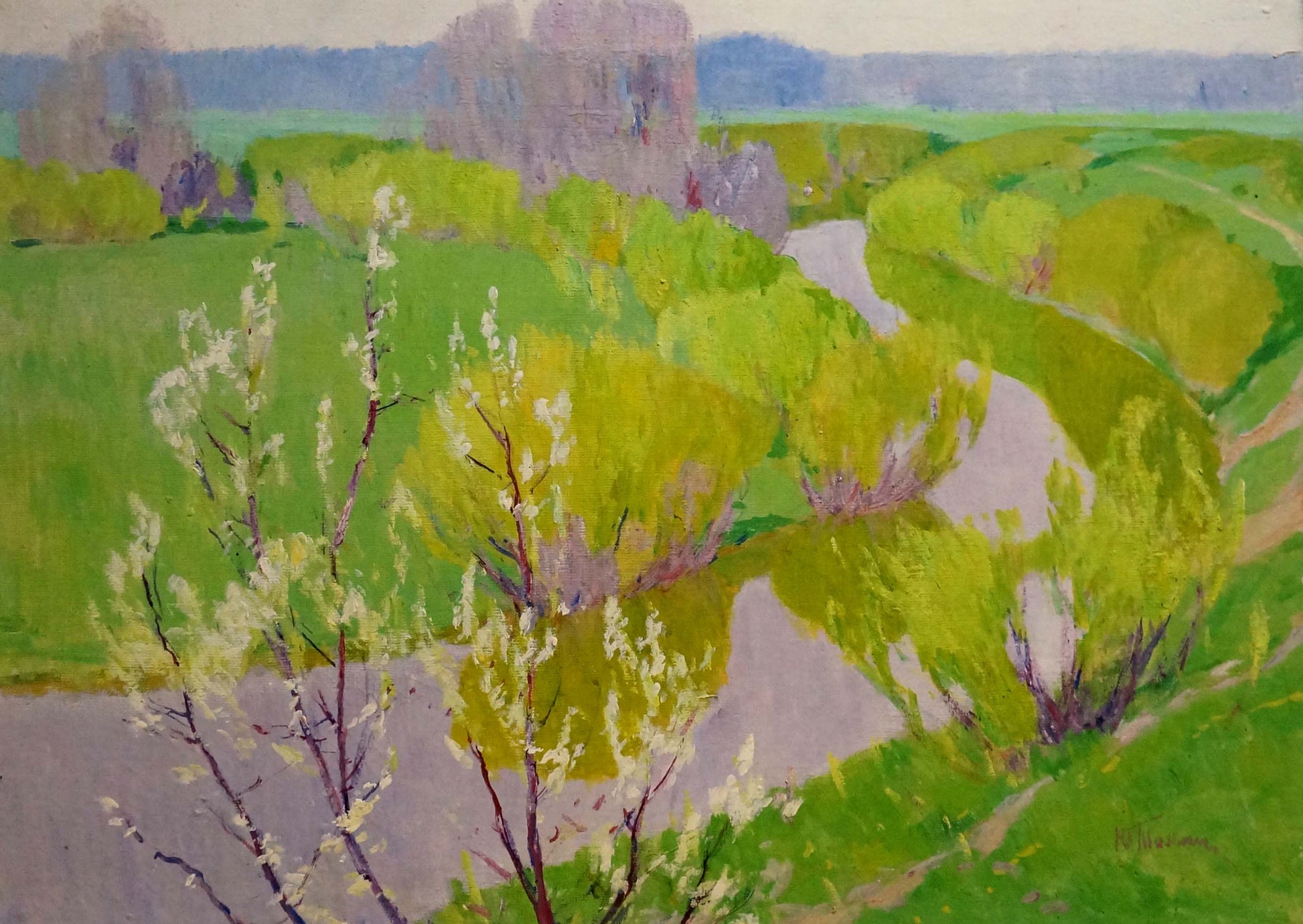 Vibrant impressionist oil painting River flows Tolpekin Yu with river and hills