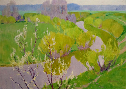 Vibrant impressionist oil painting River flows Tolpekin Yu with river and hills