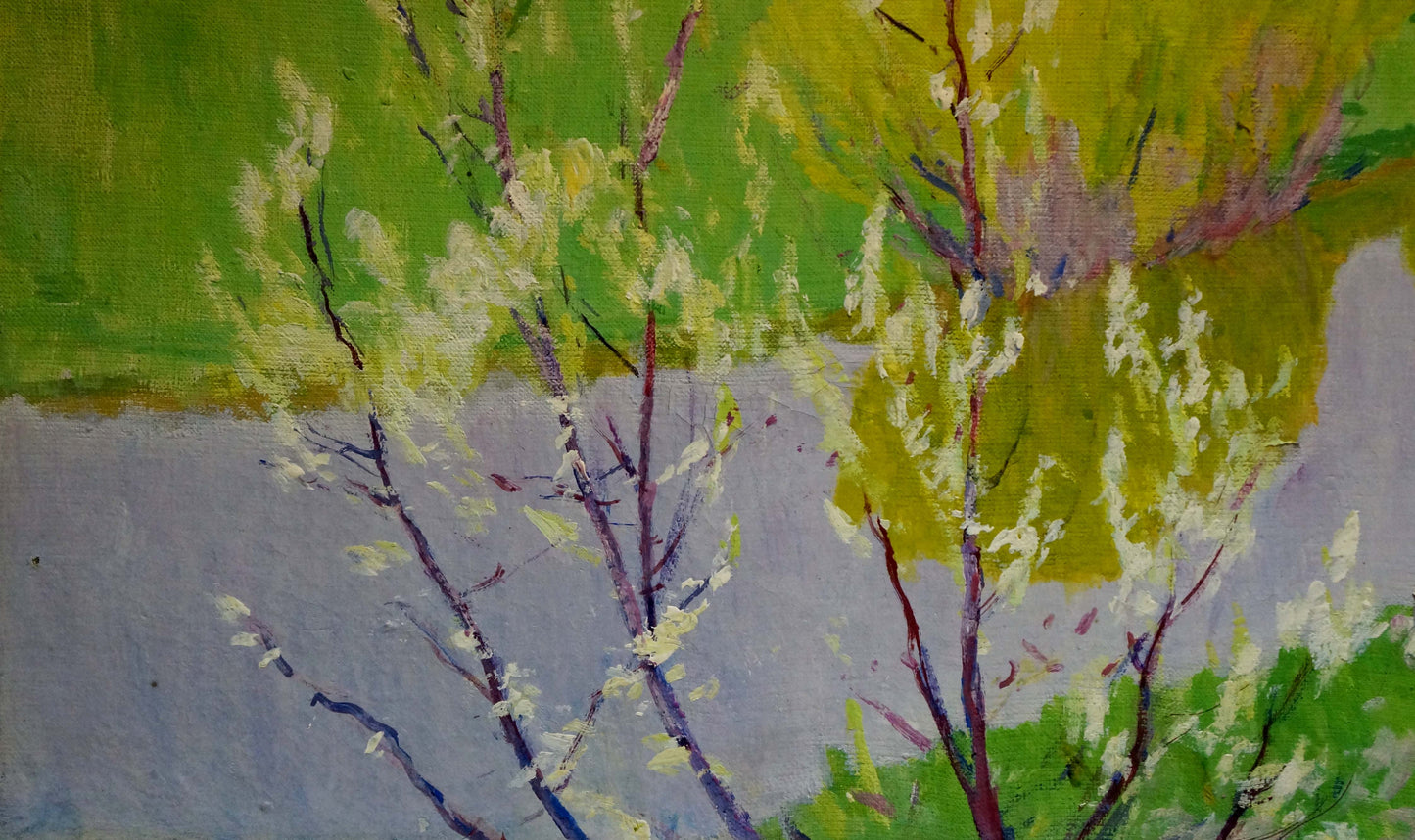 Vibrant impressionist oil painting River flows Tolpekin Yu with budding trees