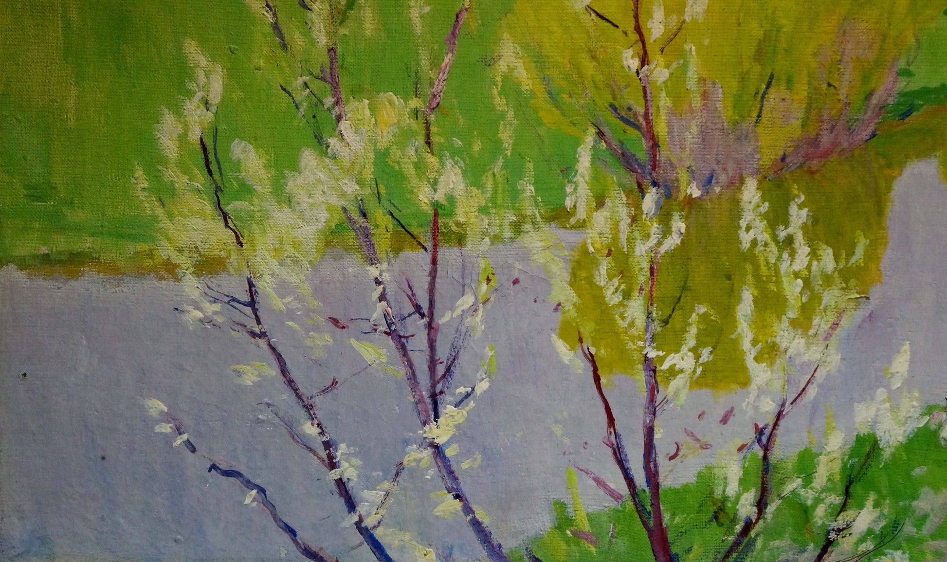 Vibrant impressionist oil painting River flows Tolpekin Yu with budding trees