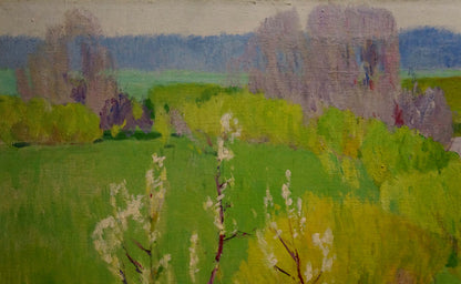 Vibrant impressionist oil painting River flows Tolpekin Yu with lush fields and flowers