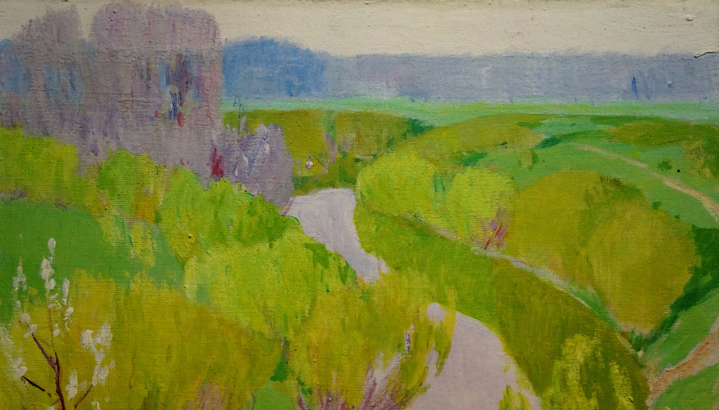Vibrant impressionist oil painting by Tolpekin Yu: path through green fields to ruins