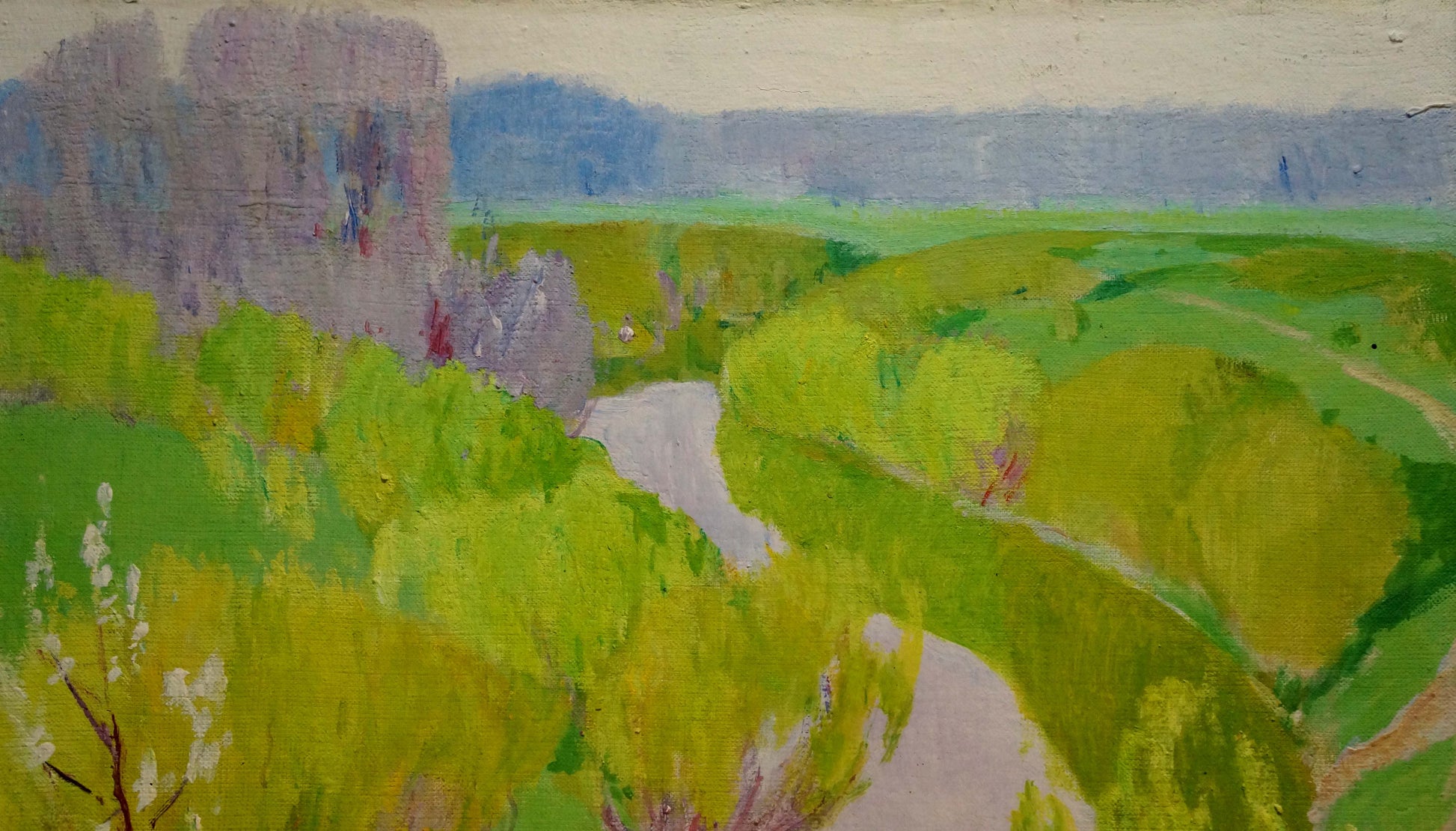 Vibrant impressionist oil painting by Tolpekin Yu: path through green fields to ruins