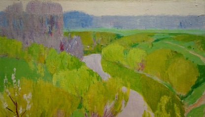 Vibrant impressionist oil painting by Tolpekin Yu: path through green fields to ruins