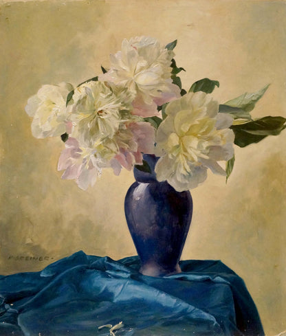 Oil painting Flowers P. Greinger: deep blue vase with white pink peonies