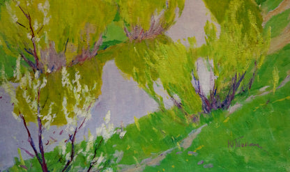 Vibrant impressionist oil painting River flows Tolpekin Yu with lush green trees