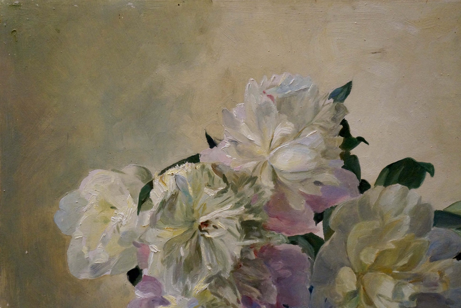 Oil painting Flowers P. Greinger: soft-focus peonies in white and pink
