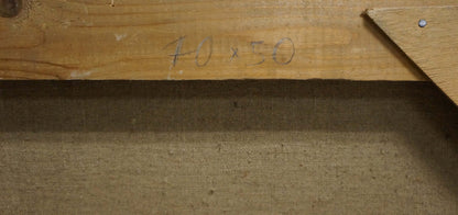 Back of Oil painting River flows Tolpekin Yu with handwritten 40 x 50 in pencil on light brown wooden stretcher bar