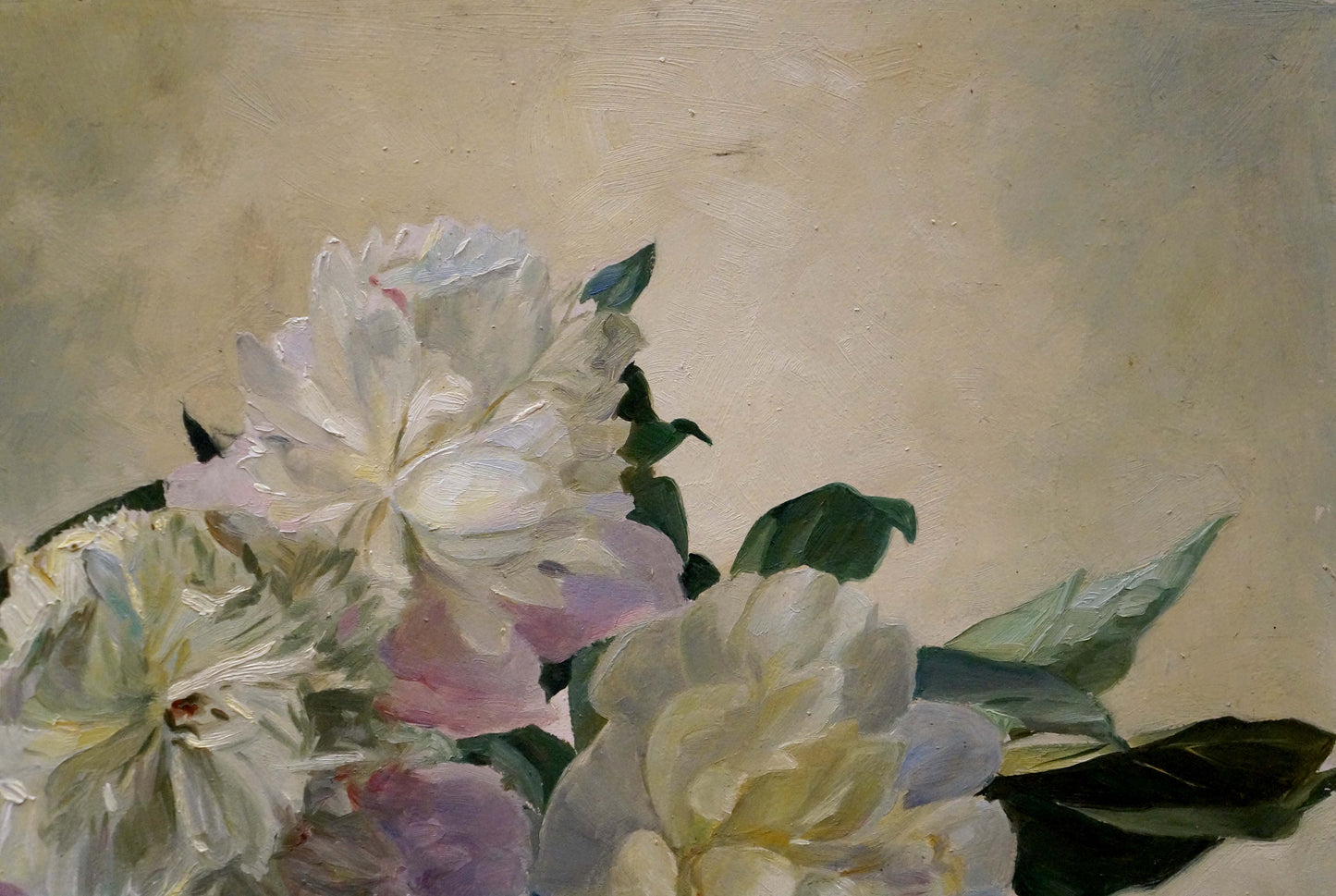 Oil painting Flowers P. Greinger: impressionistic white pink peonies and green leaves