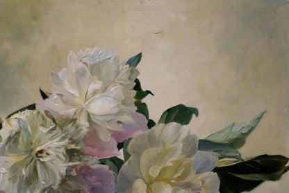 Oil painting Flowers P. Greinger: impressionistic white pink peonies and green leaves