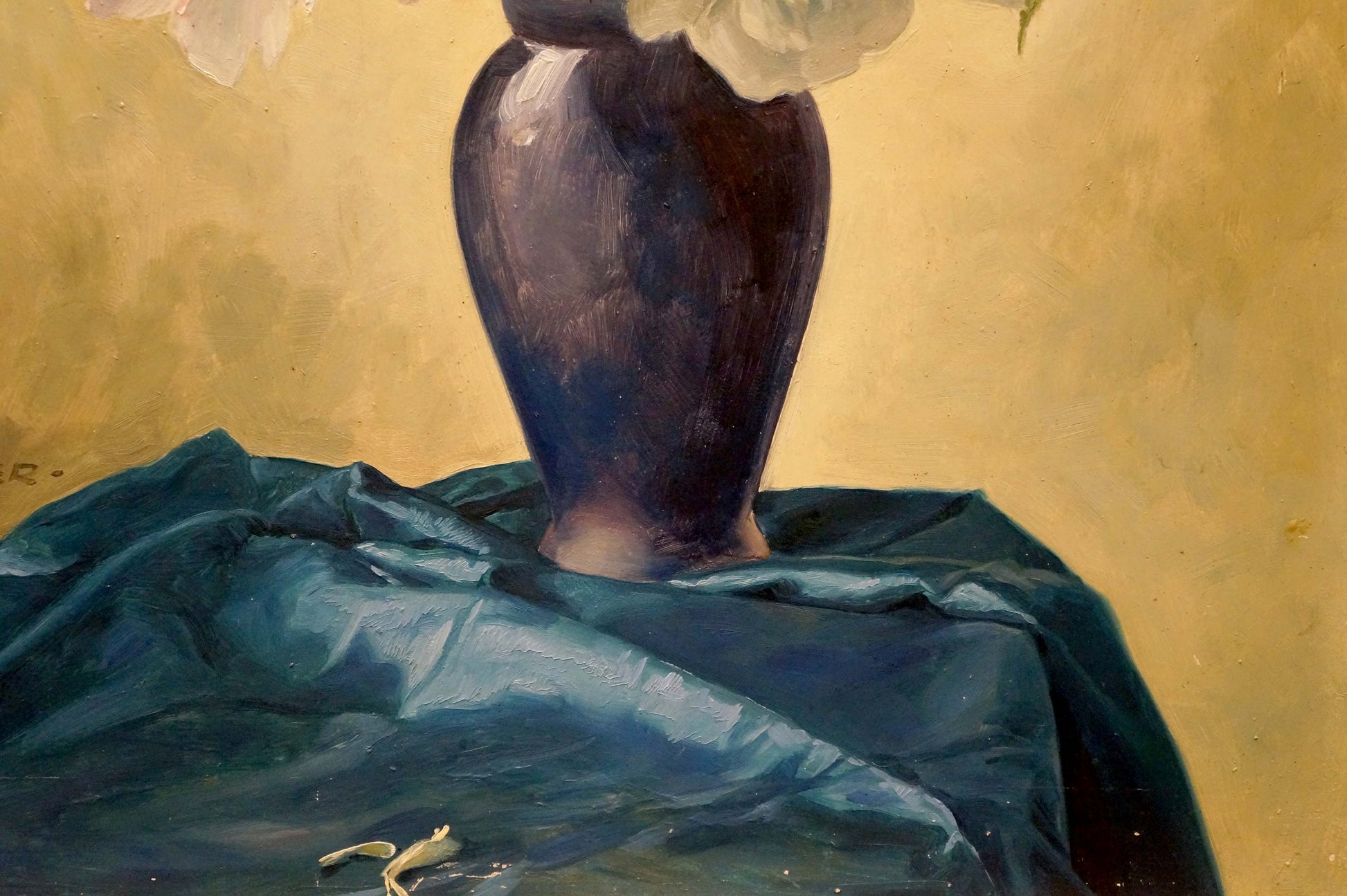 Oil painting Flowers P. Greinger: glossy purple vase with white flowers on teal fabric