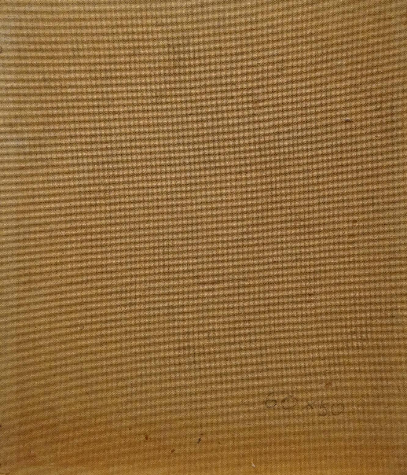 Back of Oil painting Flowers P. Greinger: tan canvas with woven texture, faint pencil marks