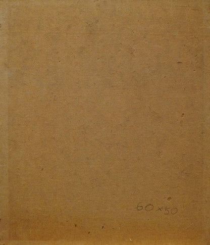 Back of Oil painting Flowers P. Greinger: tan canvas with woven texture, faint pencil marks