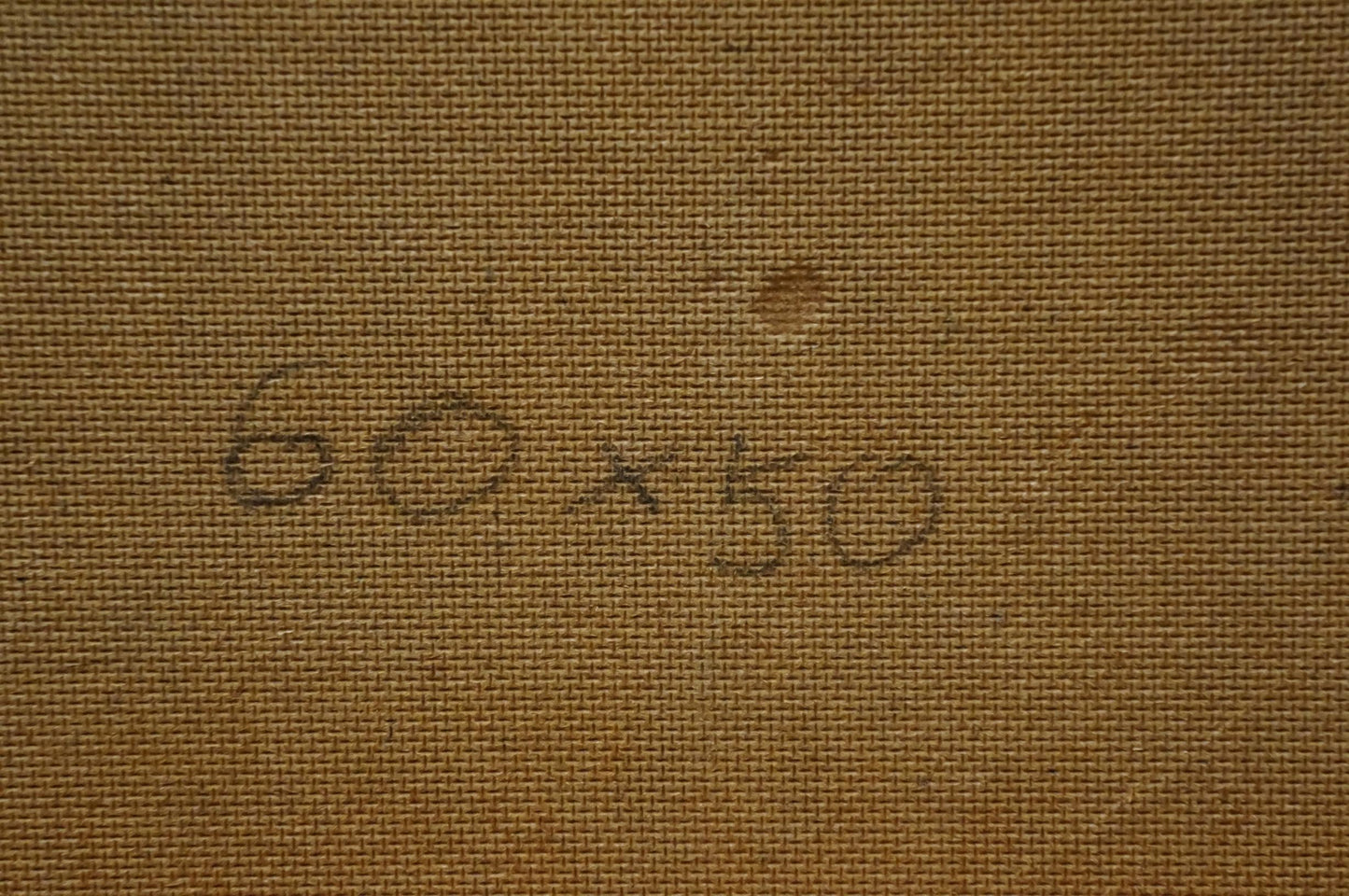 Back of Oil painting Flowers P. Greinger on tan canvas with 60 x 50 pencil markings