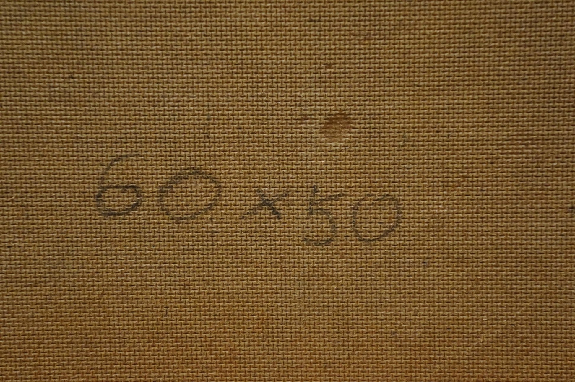Back of Oil painting Flowers P. Greinger on tan canvas with 60 x 50 pencil markings