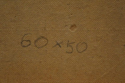 Back of Oil painting Flowers P. Greinger on tan canvas with 60 x 50 pencil markings