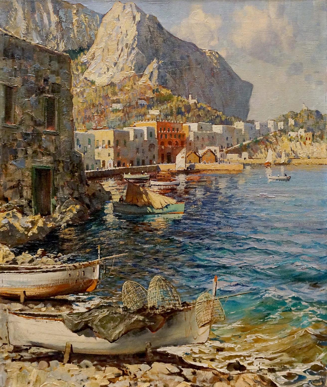 Oil painting of white wooden fishing boat with nets on rocky shore, Felice Giordano