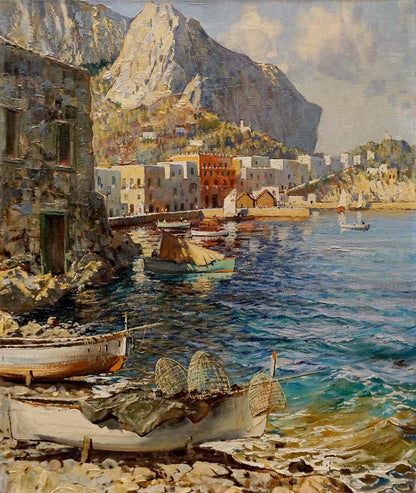 Oil painting of white wooden fishing boat with nets on rocky shore, Felice Giordano