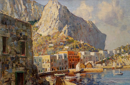 Vibrant impressionist oil painting of Ischia coastal town by Felice Giordano