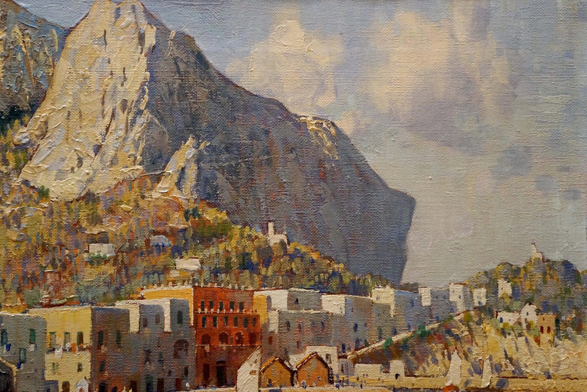 Oil painting of Ischia by Felice Giordano: sunlit coastal town on rugged mountain