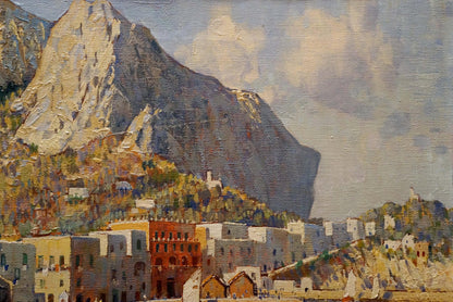 Oil painting of Ischia by Felice Giordano: sunlit coastal town on rugged mountain