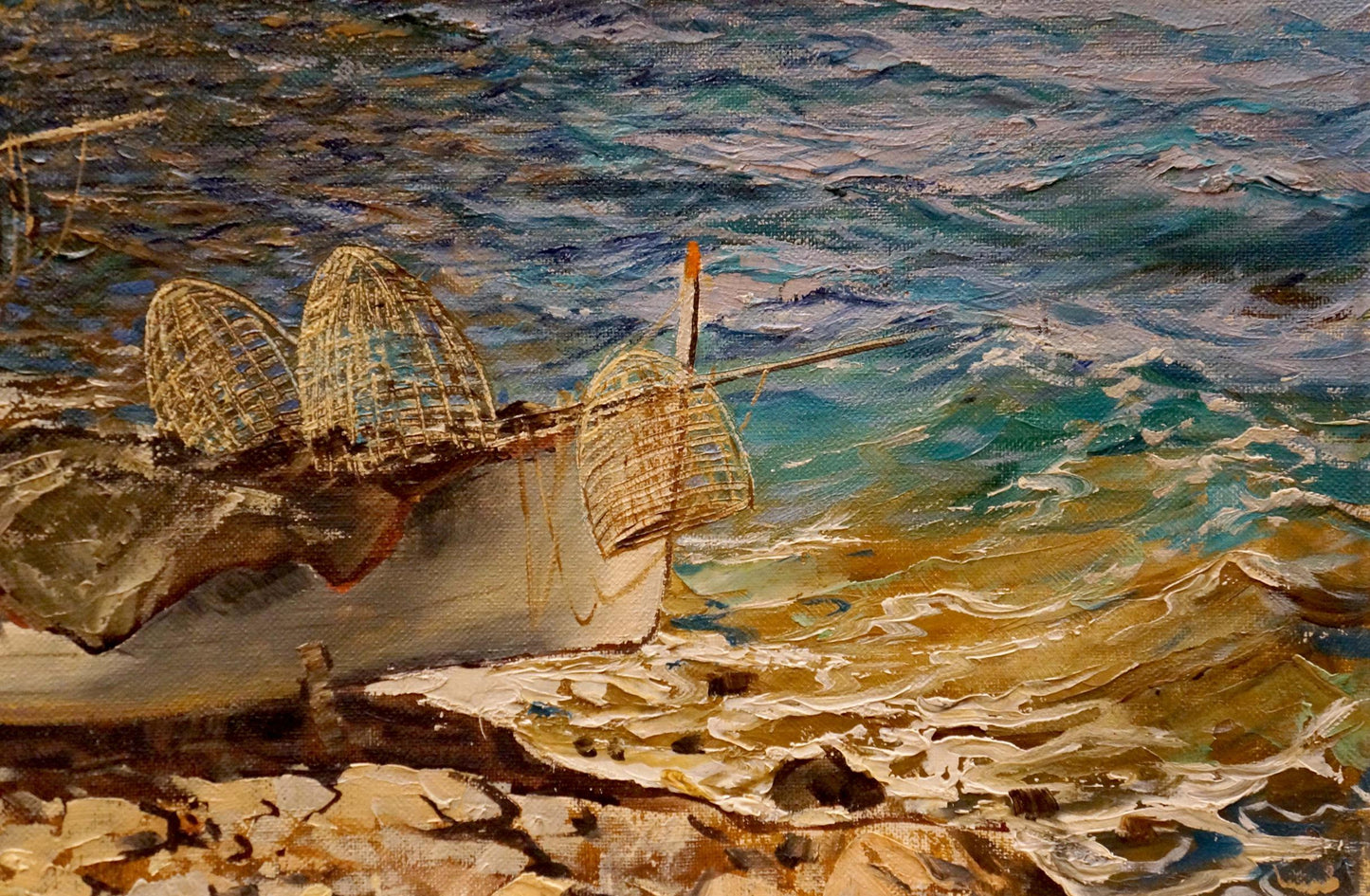 Oil painting by Felice Giordano: weathered white boat with fishing nets on sea backdrop