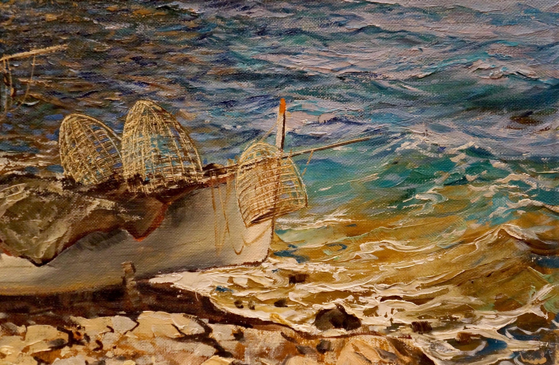 Oil painting by Felice Giordano: weathered white boat with fishing nets on sea backdrop