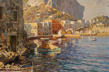 Oil painting of Ischia by Felice Giordano: coastal village on cliffside