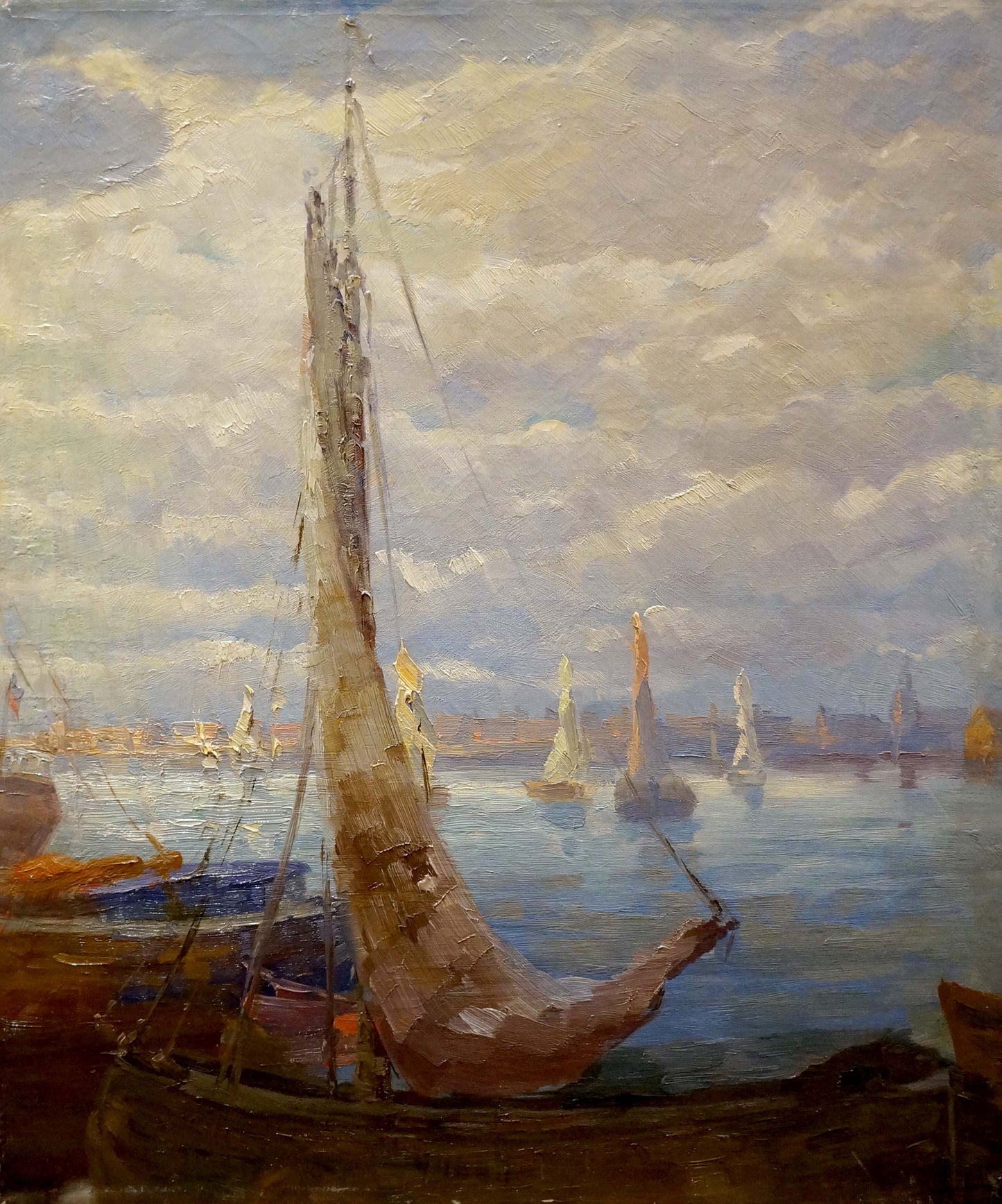 Oil painting of weathered beige sailboat with tattered sails in calm port waters