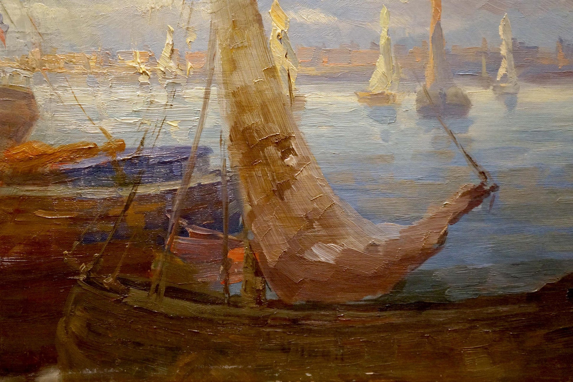Textured earth-toned oil painting of sailboat in port with impasto sails