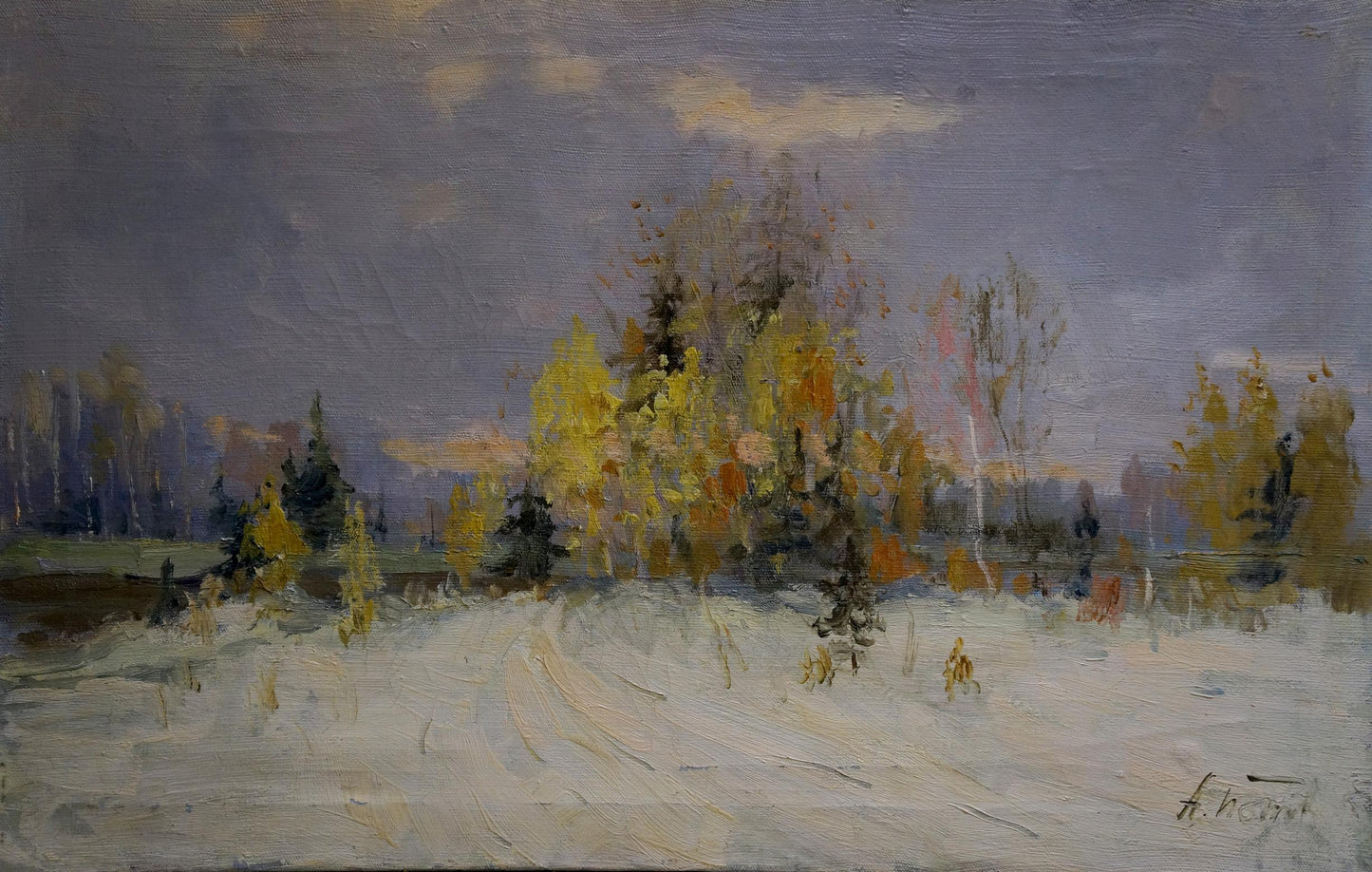 Oil painting of serene winter road in forest by unknown artist