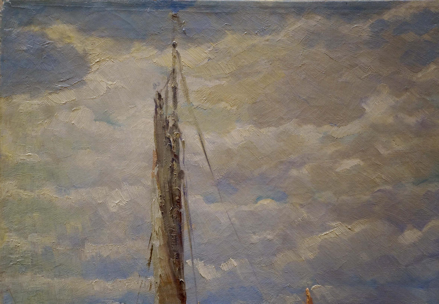 Weathered wooden mast with ropes against cloudy sky in Boats in the port oil painting