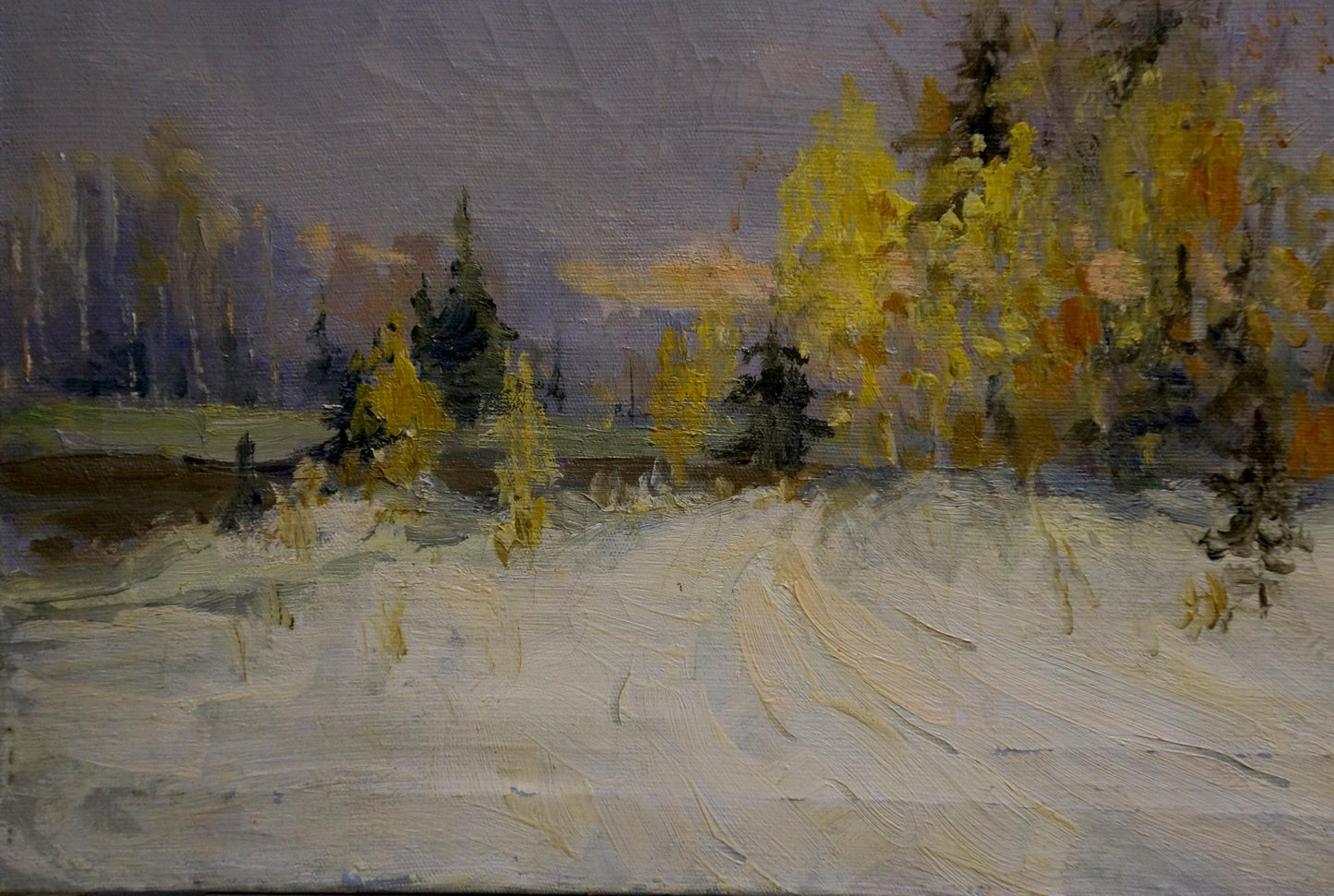 Oil painting of winter forest road with autumn trees, unknown artist