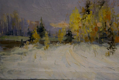 Oil painting of winter forest road with autumn trees, unknown artist