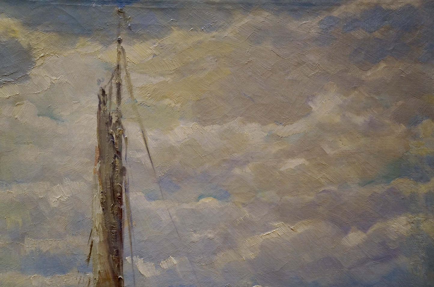 Textured impressionistic oil painting of tall ship mast and port boats