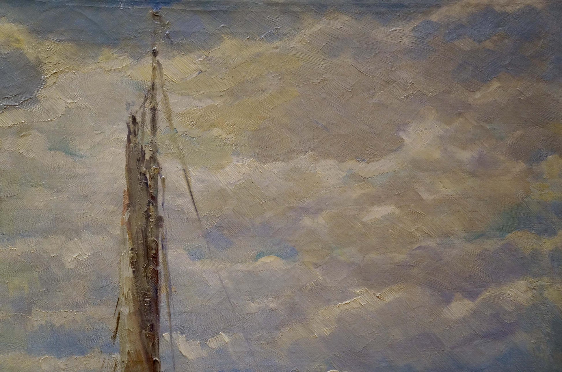 Textured impressionistic oil painting of tall ship mast and port boats