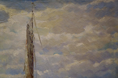 Textured impressionistic oil painting of tall ship mast and port boats