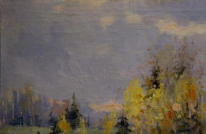 Oil painting of serene autumn forest road by unknown artist