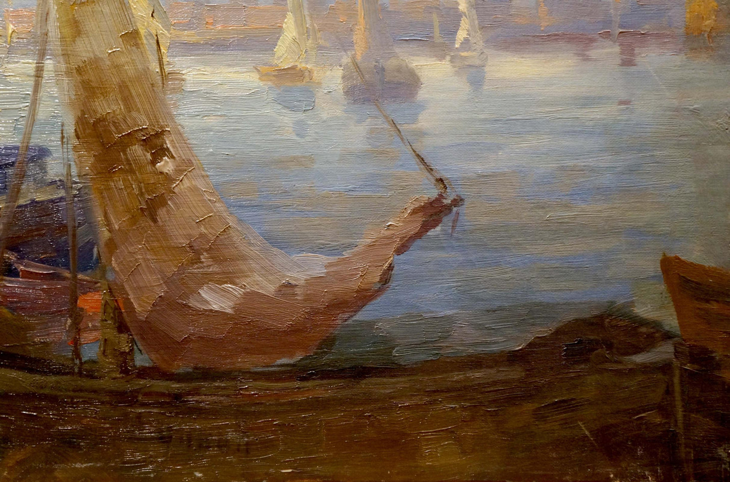 Oil painting of boats in port: textured earth-toned sail on blue water