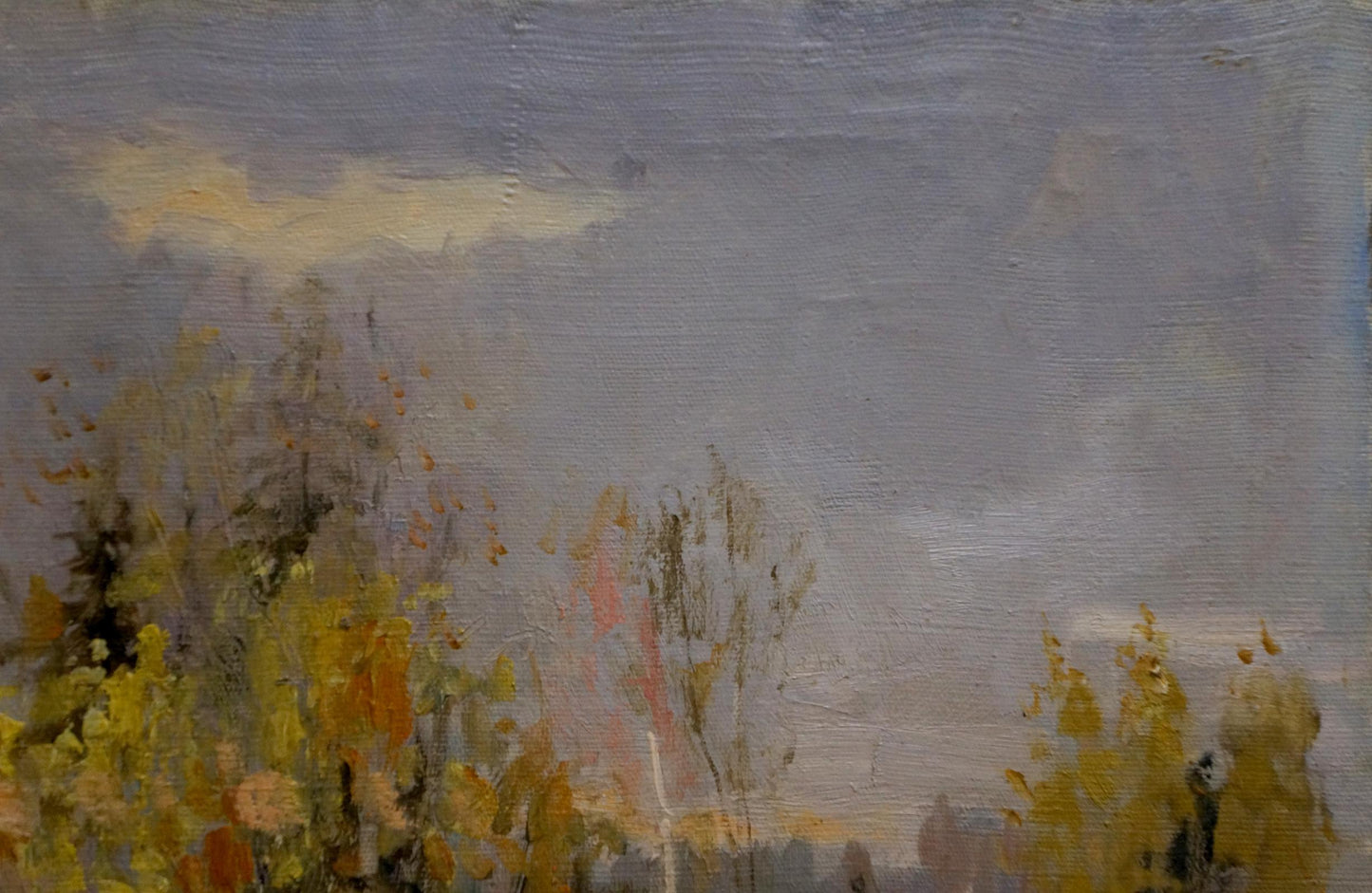 Impressionistic autumn trees in golden foliage, oil painting winter forest road