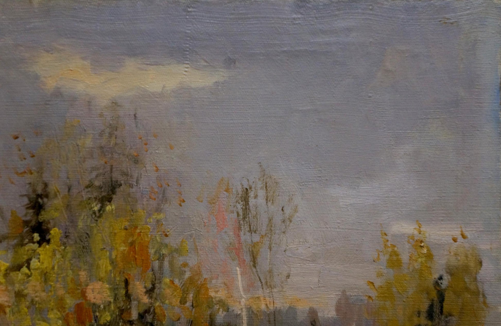 Impressionistic autumn trees in golden foliage, oil painting winter forest road