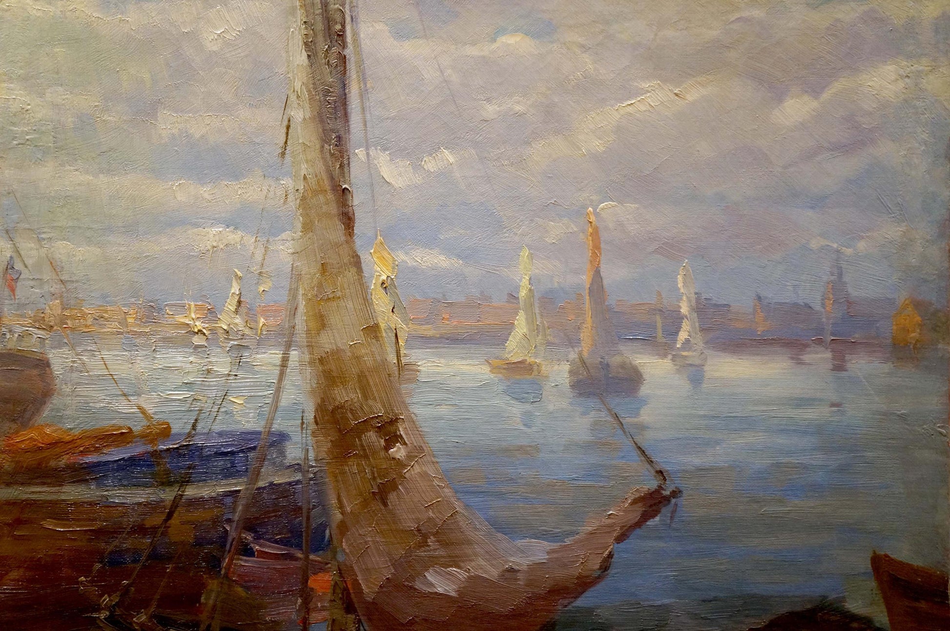 Oil painting Boats in the port textured harbor scene with sailboats under cloudy sky