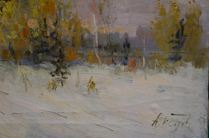 Oil painting of winter forest road with snowy landscape and autumn trees